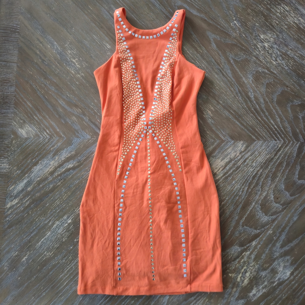 Bebe Addiction Orange Studded Bodycon Mini Dress XS – Gold Silver Glam Party